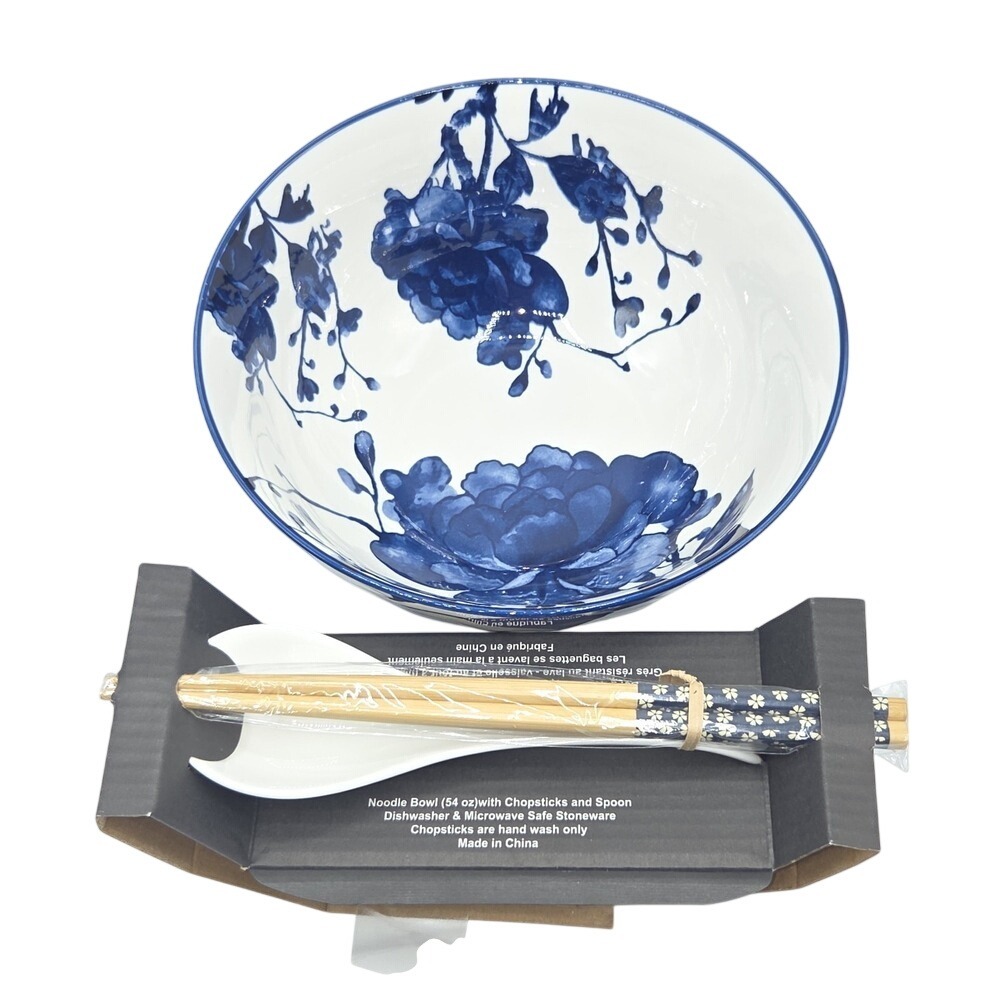 SH‎ Home Blue Peony Ceramic Ramen Noodle Bowl 54oz With Chopsticks And Spoon 4pc